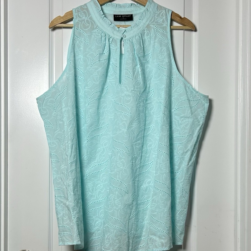 Lane Bryant Aqua Tonal Eyelet Embroidered Ruffle Collar Flowy Sleeveless Top